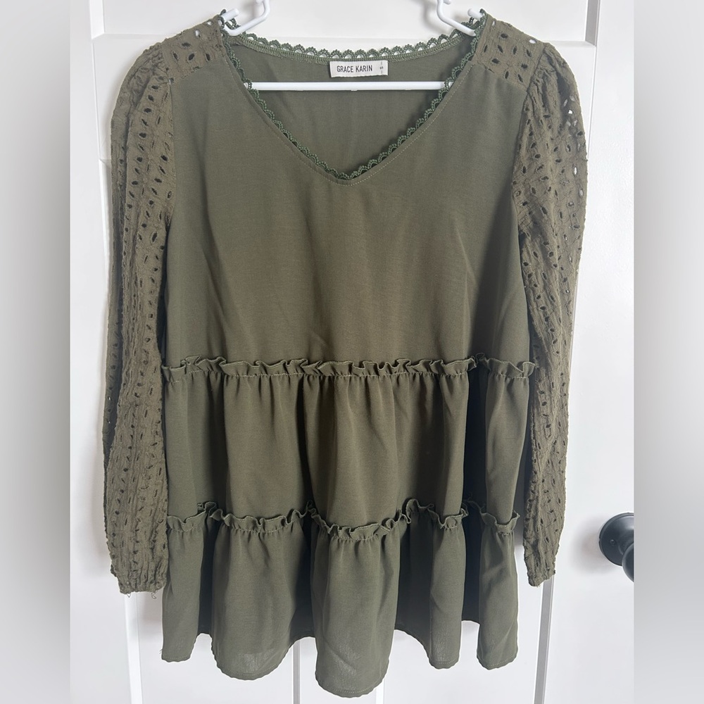 Grace Karin Khaki Lace Sleeve Blouse